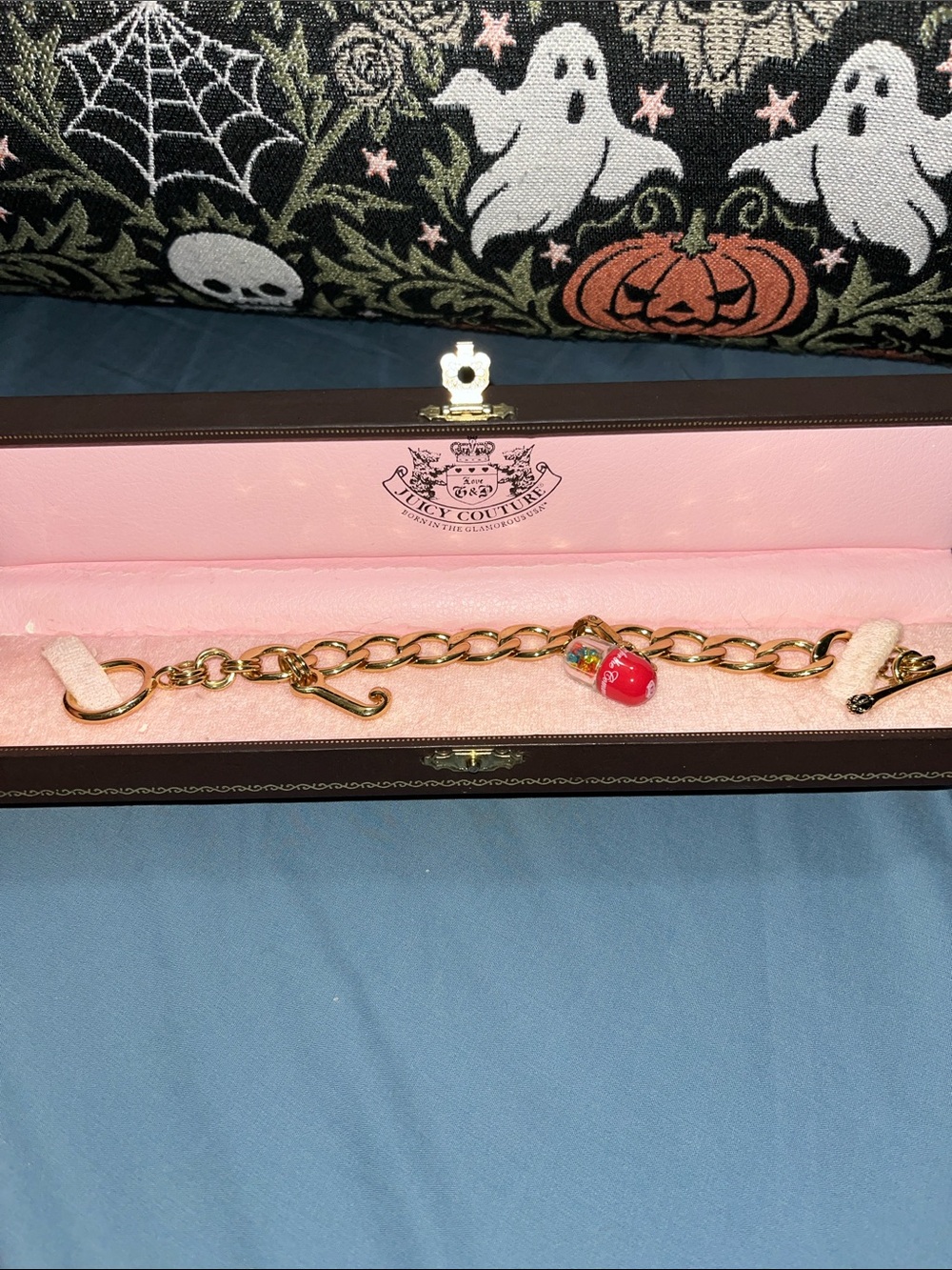 Juicy Couture Gold Tone Chain Bracelet with Red Enamel Charm